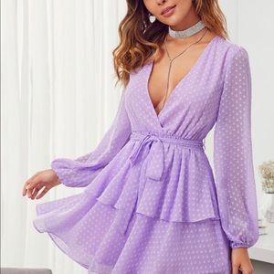 Plunging Neck Double Layer Hem Swiss Dot Dress